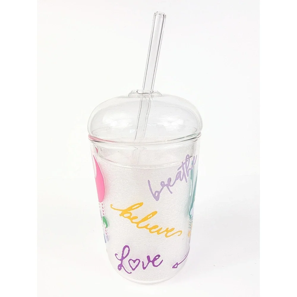 16 oz Dome Glass Tumbler w/ Straw Rainbow Love Believe Pink Moon Vinyl Decorated